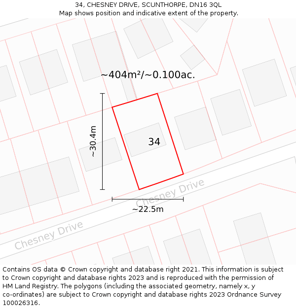 34, CHESNEY DRIVE, SCUNTHORPE, DN16 3QL: Plot and title map