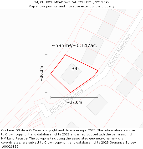 34, CHURCH MEADOWS, WHITCHURCH, SY13 1PY: Plot and title map