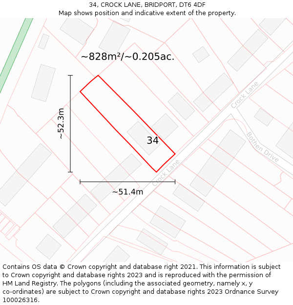 34, CROCK LANE, BRIDPORT, DT6 4DF: Plot and title map