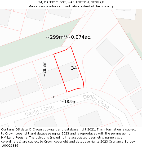 34, DANBY CLOSE, WASHINGTON, NE38 9JB: Plot and title map