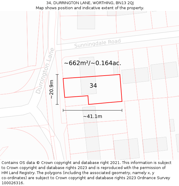 34, DURRINGTON LANE, WORTHING, BN13 2QJ: Plot and title map