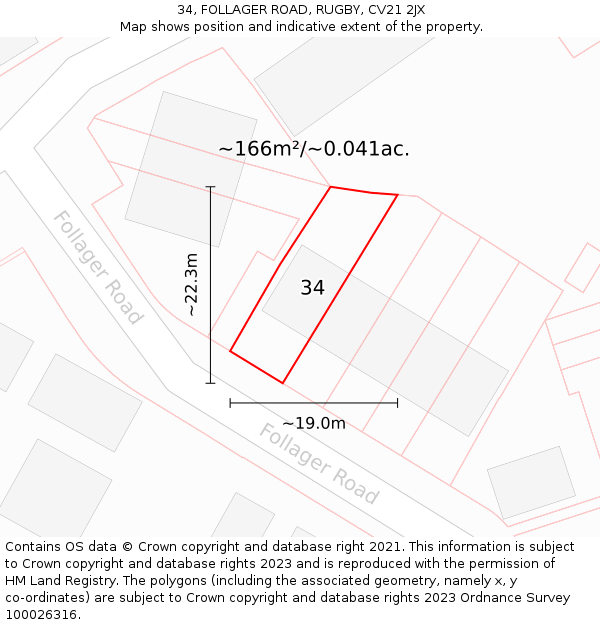 34, FOLLAGER ROAD, RUGBY, CV21 2JX: Plot and title map