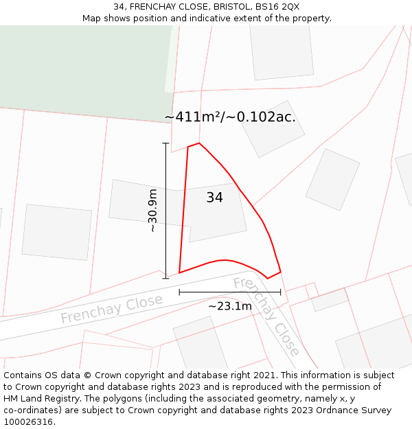 34, FRENCHAY CLOSE, BRISTOL, BS16 2QX: Plot and title map