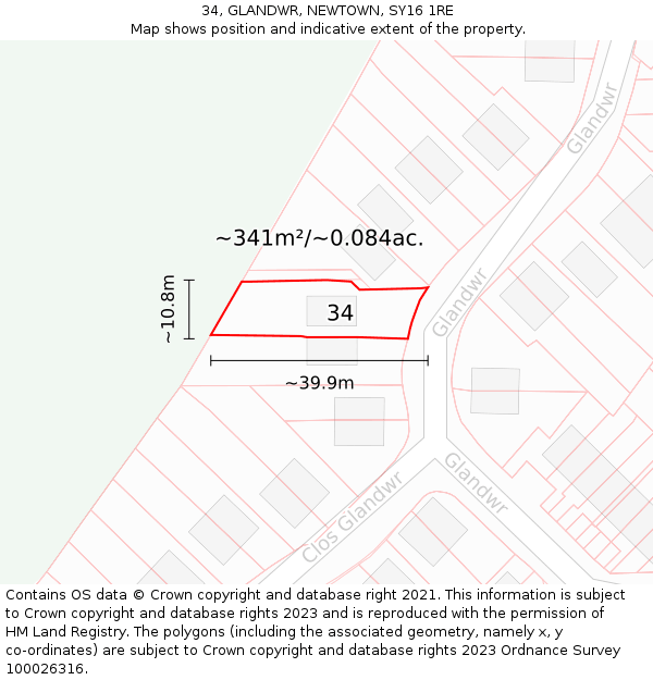 34, GLANDWR, NEWTOWN, SY16 1RE: Plot and title map