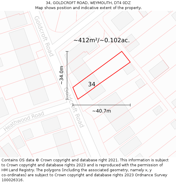 34, GOLDCROFT ROAD, WEYMOUTH, DT4 0DZ: Plot and title map