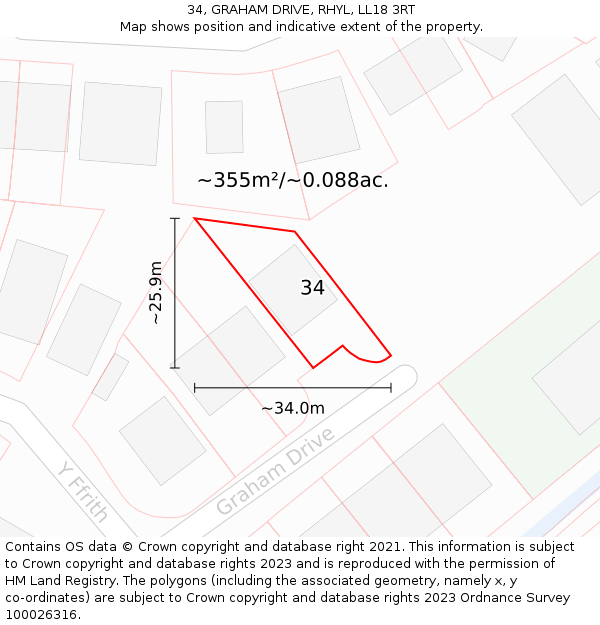 34, GRAHAM DRIVE, RHYL, LL18 3RT: Plot and title map