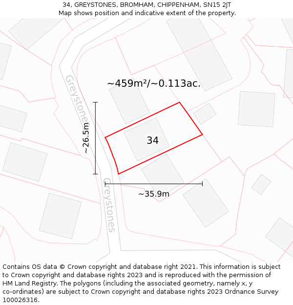 34, GREYSTONES, BROMHAM, CHIPPENHAM, SN15 2JT: Plot and title map