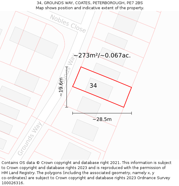 34, GROUNDS WAY, COATES, PETERBOROUGH, PE7 2BS: Plot and title map