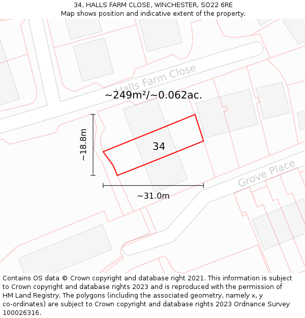 34, HALLS FARM CLOSE, WINCHESTER, SO22 6RE: Plot and title map