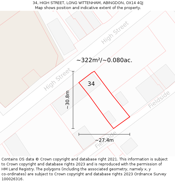 34, HIGH STREET, LONG WITTENHAM, ABINGDON, OX14 4QJ: Plot and title map