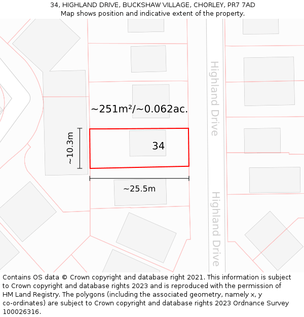 34, HIGHLAND DRIVE, BUCKSHAW VILLAGE, CHORLEY, PR7 7AD: Plot and title map