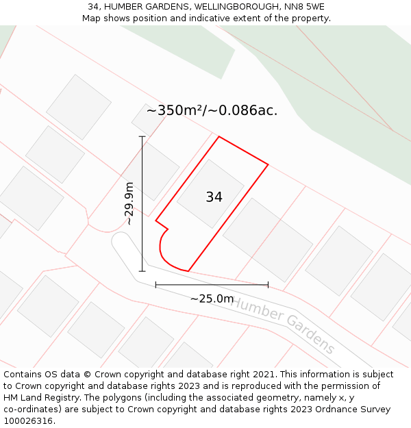 34, HUMBER GARDENS, WELLINGBOROUGH, NN8 5WE: Plot and title map