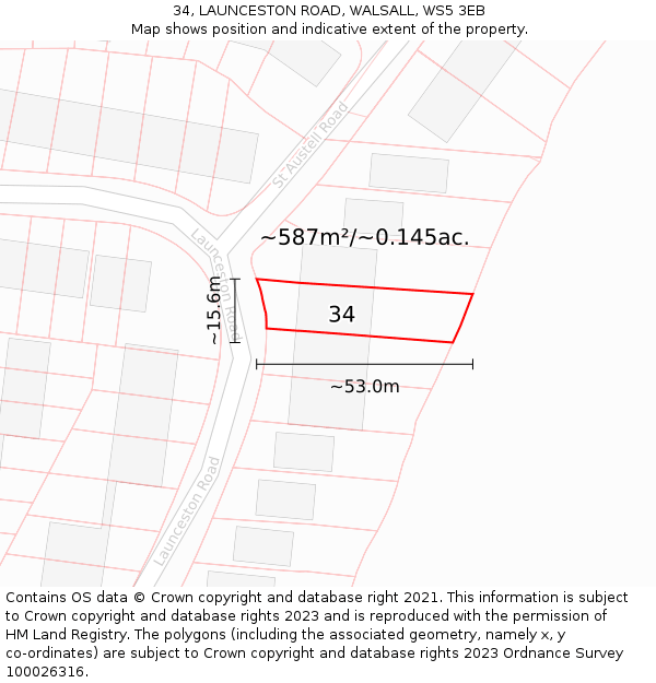 34, LAUNCESTON ROAD, WALSALL, WS5 3EB: Plot and title map