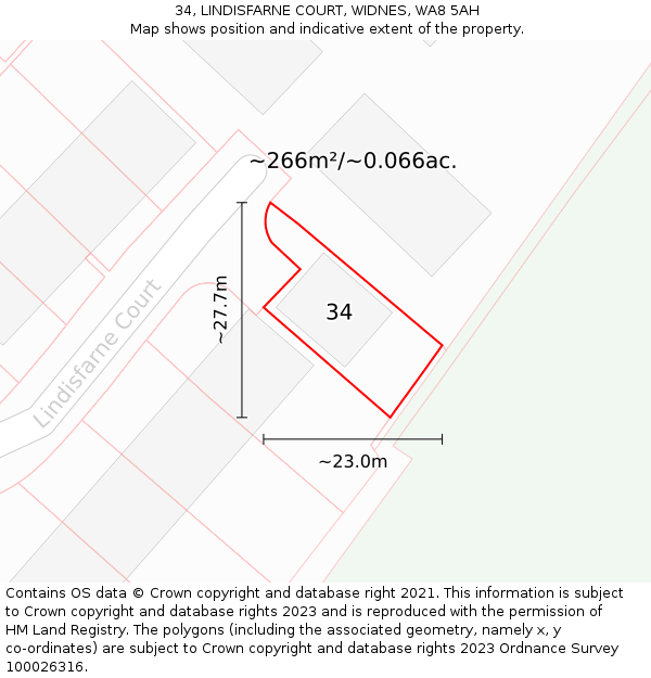 34, LINDISFARNE COURT, WIDNES, WA8 5AH: Plot and title map