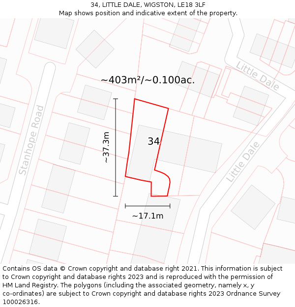 34, LITTLE DALE, WIGSTON, LE18 3LF: Plot and title map