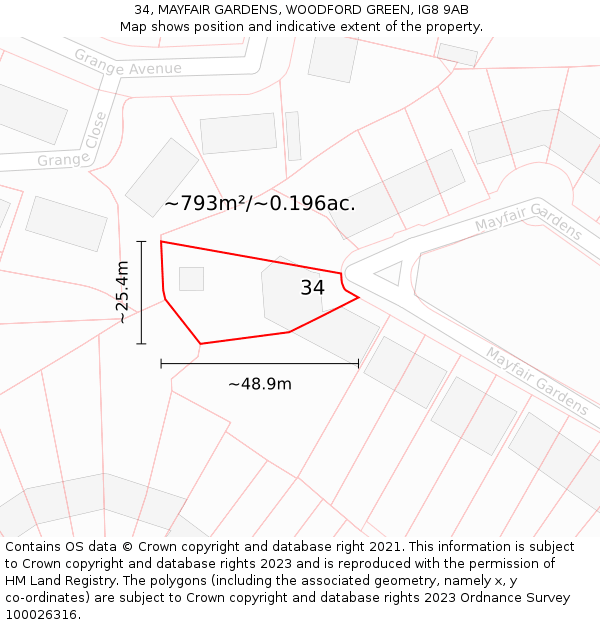 34, MAYFAIR GARDENS, WOODFORD GREEN, IG8 9AB: Plot and title map