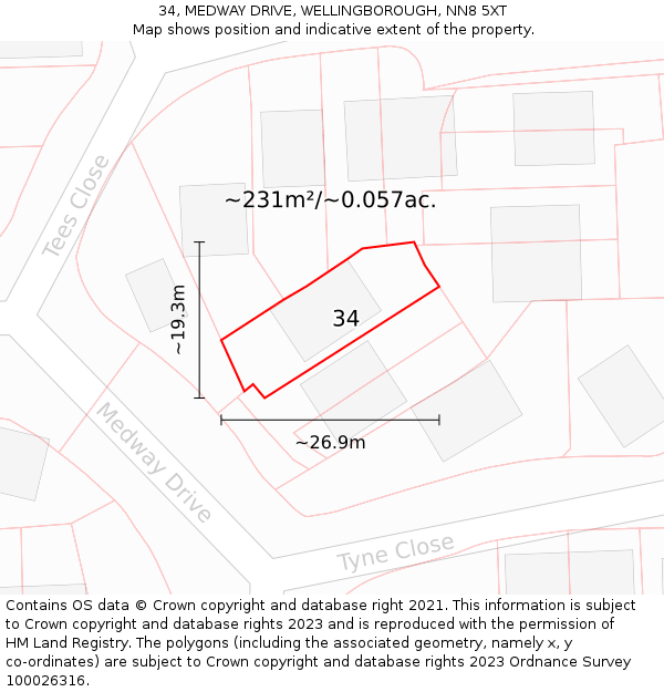 34, MEDWAY DRIVE, WELLINGBOROUGH, NN8 5XT: Plot and title map