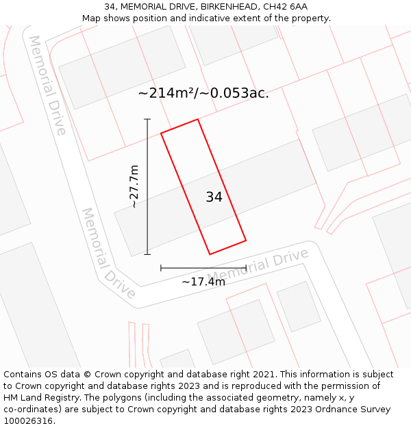 34, MEMORIAL DRIVE, BIRKENHEAD, CH42 6AA: Plot and title map