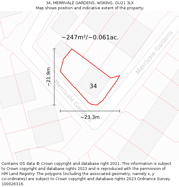 34, MERRIVALE GARDENS, WOKING, GU21 3LX: Plot and title map