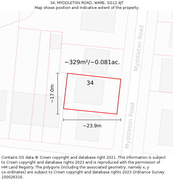 34, MYDDLETON ROAD, WARE, SG12 9JT: Plot and title map