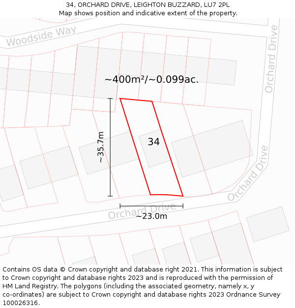 34, ORCHARD DRIVE, LEIGHTON BUZZARD, LU7 2PL: Plot and title map