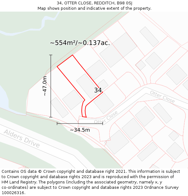 34, OTTER CLOSE, REDDITCH, B98 0SJ: Plot and title map