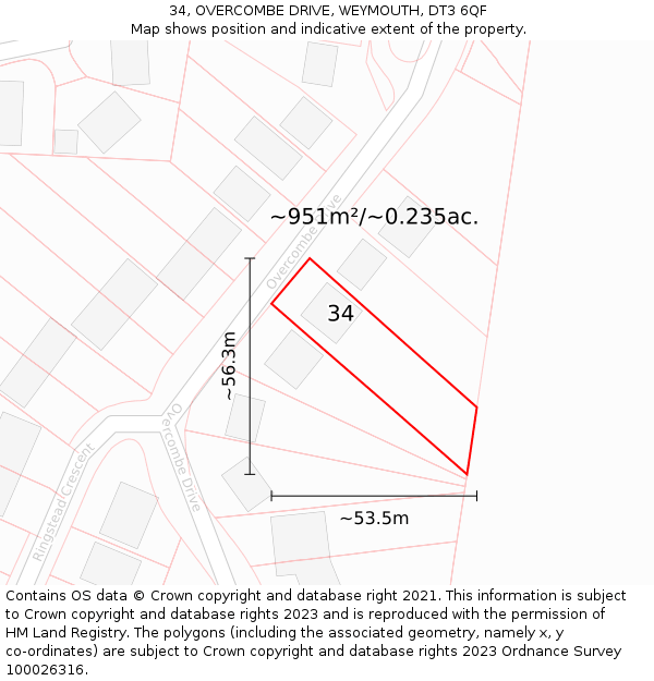 34, OVERCOMBE DRIVE, WEYMOUTH, DT3 6QF: Plot and title map