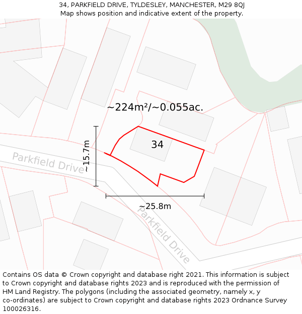 34, PARKFIELD DRIVE, TYLDESLEY, MANCHESTER, M29 8QJ: Plot and title map