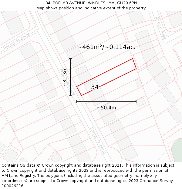 34, POPLAR AVENUE, WINDLESHAM, GU20 6PN: Plot and title map