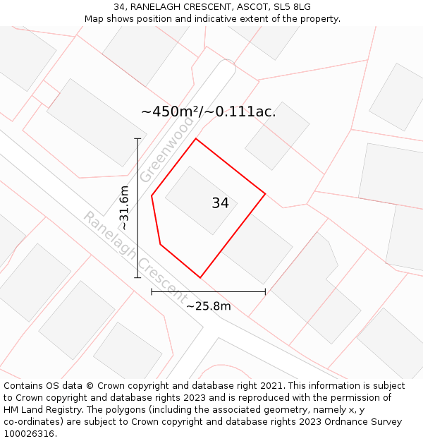 34, RANELAGH CRESCENT, ASCOT, SL5 8LG: Plot and title map