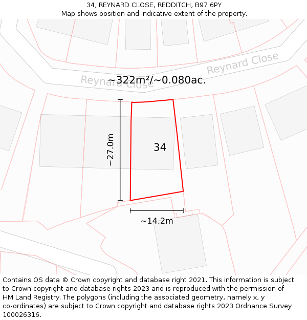 34, REYNARD CLOSE, REDDITCH, B97 6PY: Plot and title map