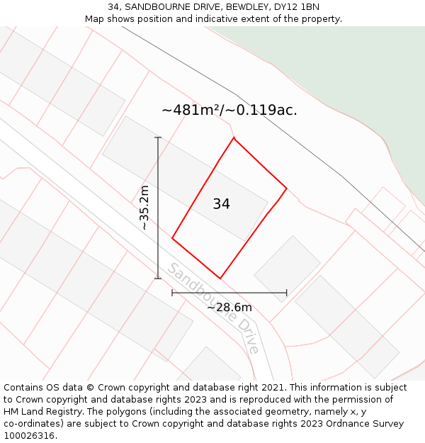 34, SANDBOURNE DRIVE, BEWDLEY, DY12 1BN: Plot and title map