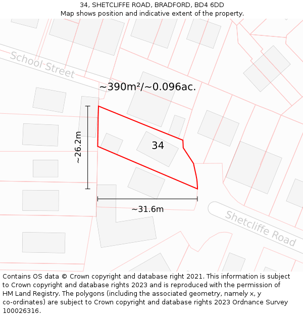 34, SHETCLIFFE ROAD, BRADFORD, BD4 6DD: Plot and title map