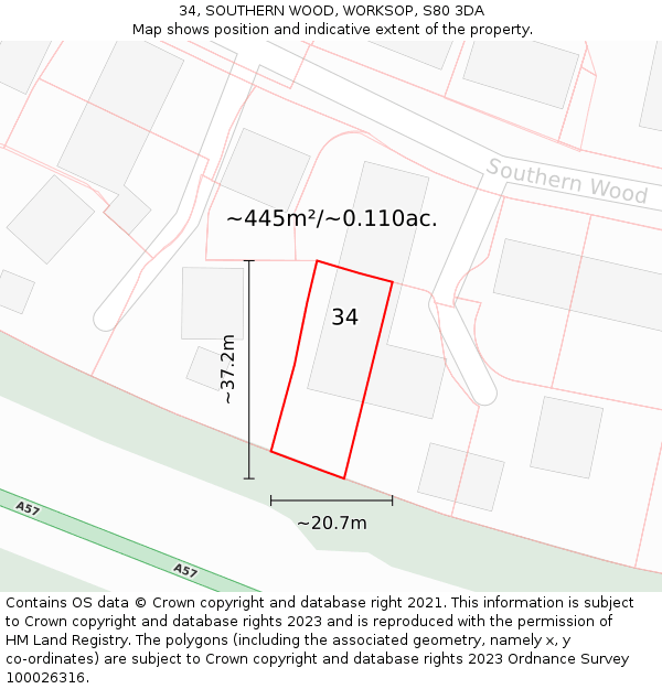 34, SOUTHERN WOOD, WORKSOP, S80 3DA: Plot and title map