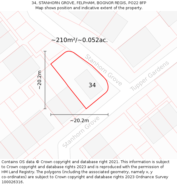 34, STANHORN GROVE, FELPHAM, BOGNOR REGIS, PO22 8FP: Plot and title map