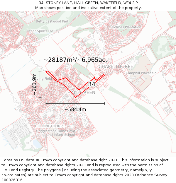34, STONEY LANE, HALL GREEN, WAKEFIELD, WF4 3JP: Plot and title map