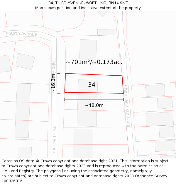 34, THIRD AVENUE, WORTHING, BN14 9NZ: Plot and title map