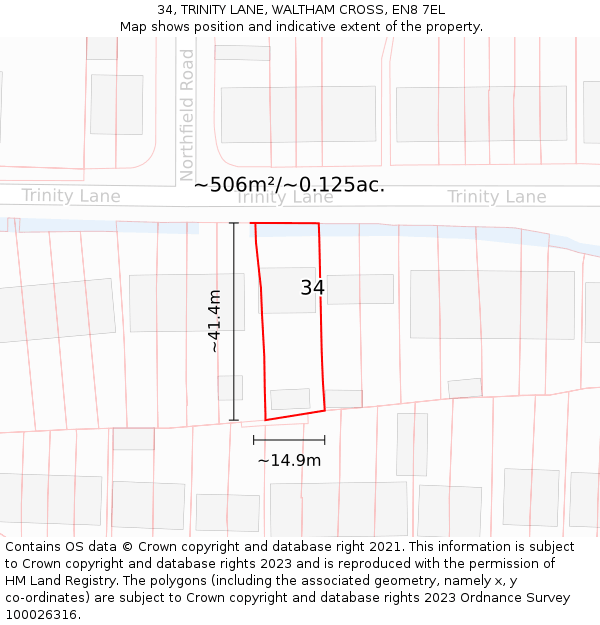 34, TRINITY LANE, WALTHAM CROSS, EN8 7EL: Plot and title map