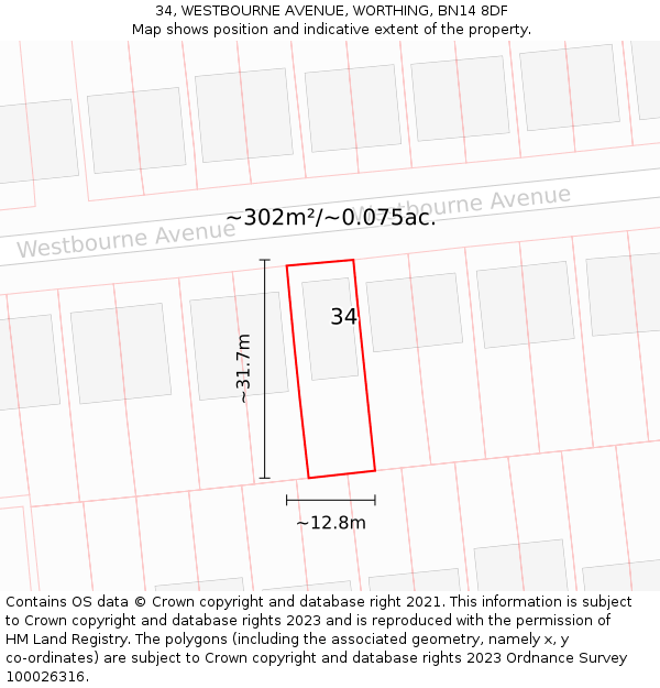 34, WESTBOURNE AVENUE, WORTHING, BN14 8DF: Plot and title map