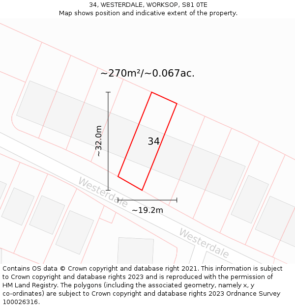 34, WESTERDALE, WORKSOP, S81 0TE: Plot and title map