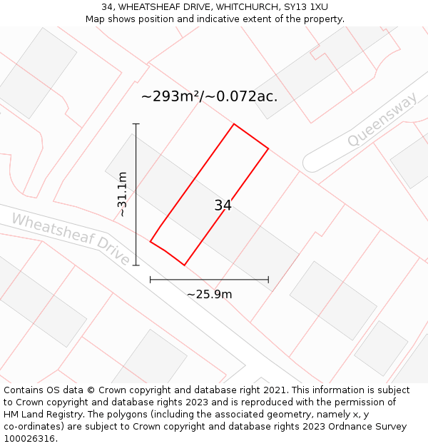 34, WHEATSHEAF DRIVE, WHITCHURCH, SY13 1XU: Plot and title map