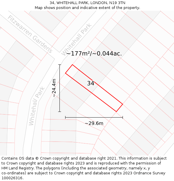 34, WHITEHALL PARK, LONDON, N19 3TN: Plot and title map