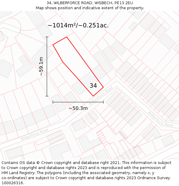 34, WILBERFORCE ROAD, WISBECH, PE13 2EU: Plot and title map