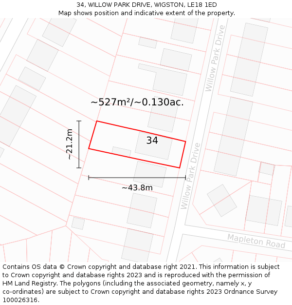 34, WILLOW PARK DRIVE, WIGSTON, LE18 1ED: Plot and title map