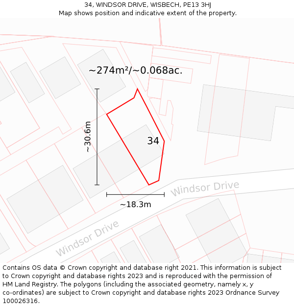 34, WINDSOR DRIVE, WISBECH, PE13 3HJ: Plot and title map