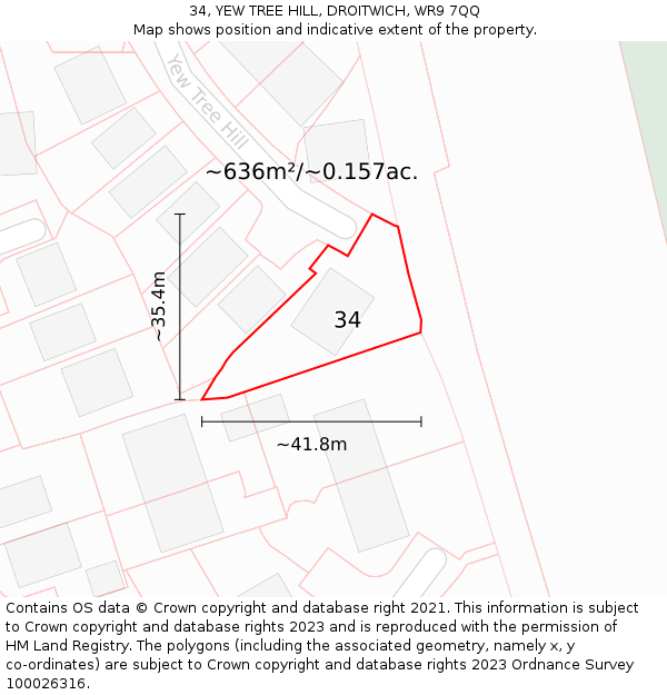 34, YEW TREE HILL, DROITWICH, WR9 7QQ: Plot and title map