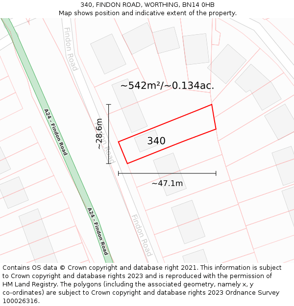 340, FINDON ROAD, WORTHING, BN14 0HB: Plot and title map