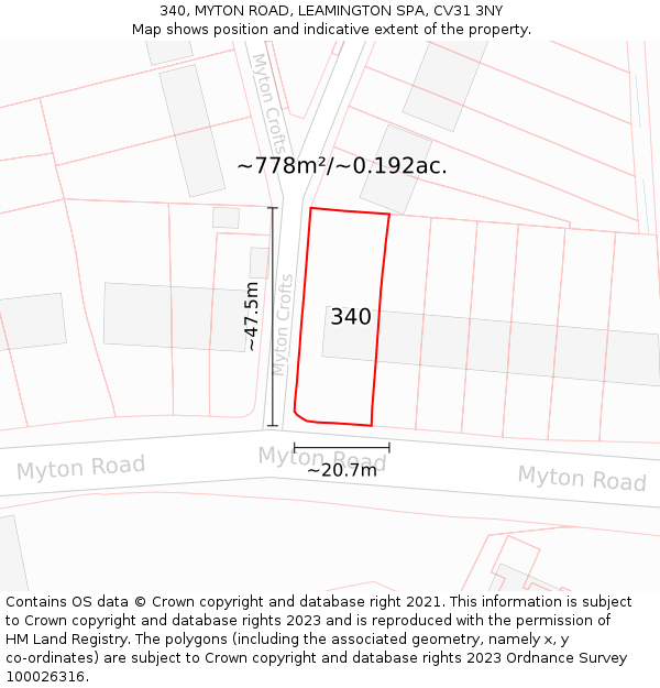 340, MYTON ROAD, LEAMINGTON SPA, CV31 3NY: Plot and title map