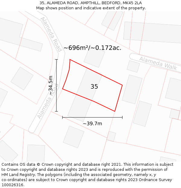 35, ALAMEDA ROAD, AMPTHILL, BEDFORD, MK45 2LA: Plot and title map