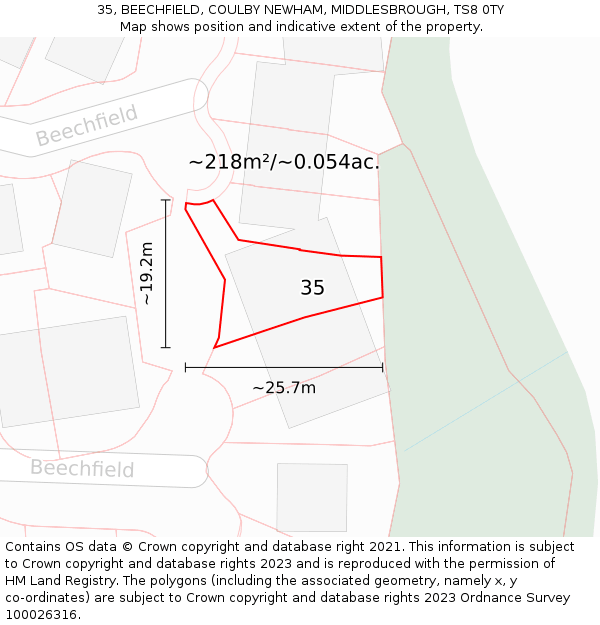 35, BEECHFIELD, COULBY NEWHAM, MIDDLESBROUGH, TS8 0TY: Plot and title map